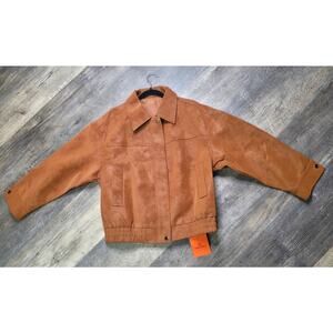 TANKANEO Faux Suede Bomber Jacket Camel Brown Zip Snap NWT S